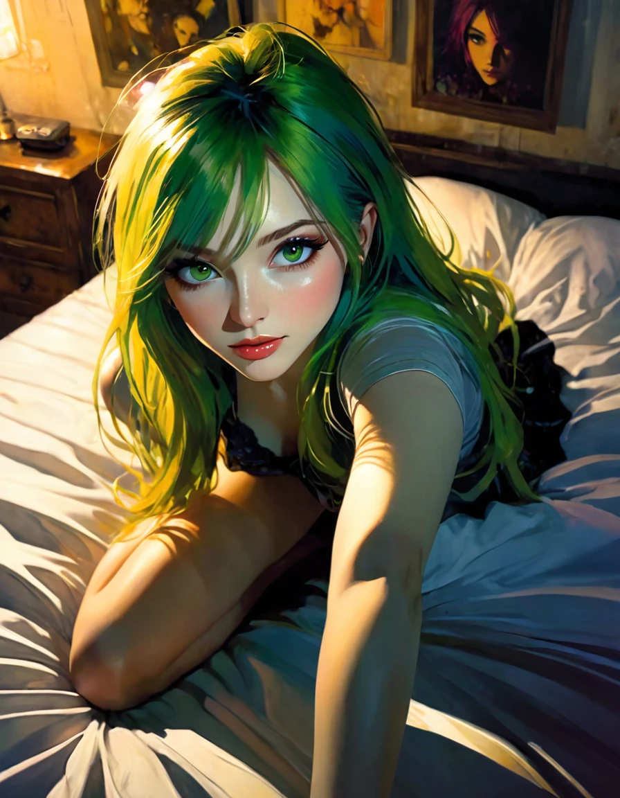 ((masterpiece)), ((best quality)), (ultra detailed), ((extremely detailed)), 4K, (8K), best quality, (beautiful), realistic style, in the room, on the bed, a cute girl, 1 girl, alone, miniskirt, beautiful long multicolored hair, beautiful green eyes, ((beautiful eyes)), long hair, light smile, blush, lens flare, from above, selfie, night, eroticism, sexy, black and white image, between shadows, oil painting, chiaroscuro, sensual, dramatic lighting, moody atmosphere, photorealistic, intricate details, masterpiece, ultra detailed, high quality, 8k, best quality, realistic, cinematic, dark and brooding , expressionist, powerful composition, emotional impact, art inspired by Bill Sienkiewicz and Dave McKean.
