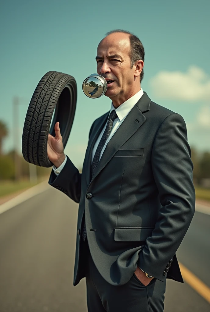 create a photo with alexandre de moraes minister of brazil with a rearview mirror in his mouth and a flat tire in his hand