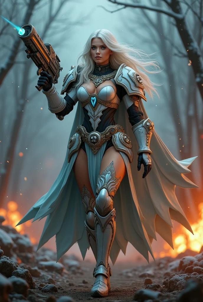 a beautiful woman with long platinum blonde hair, porcelain skin, ice blue eyes, sexy sisters of battle from the warhammer 40k, shooting at the enemy, frosty white and light blue space marine armor with intricate details, religous symbols on the armor, sisters of battle, warhammer 40k, Massive silicone breast, pale skin, seductive, temptation, eat your soul, clevage, , standing in a magical winter wonderland with snow-covered trees and frozen lakes, intricate ice crystals and snowflakes surrounding her, (best quality,4k,8k,highres,masterpiece:1.2),ultra-detailed,(realistic,photorealistic,photo-realistic:1.37),fantasy,digital art,cinematic lighting, highly detailed armor, intricate futuristic weaponry, gritty and realistic, mecha, science fiction, hyper-detailed, photorealistic, award winning digital art, 8k, HDR, masters work, in the middle of a battle field, full body combat action pose, explosions and fire around, full war, charging, running forward, attacking, stunning, Stilleto heels, high heels, full body pose, cinematic, dust and debree, combat screams, attacking, shooting at the enemy, sisters of battle, warhammer 40kdramatic color palette,frozen landscape,ice powers,snow queen