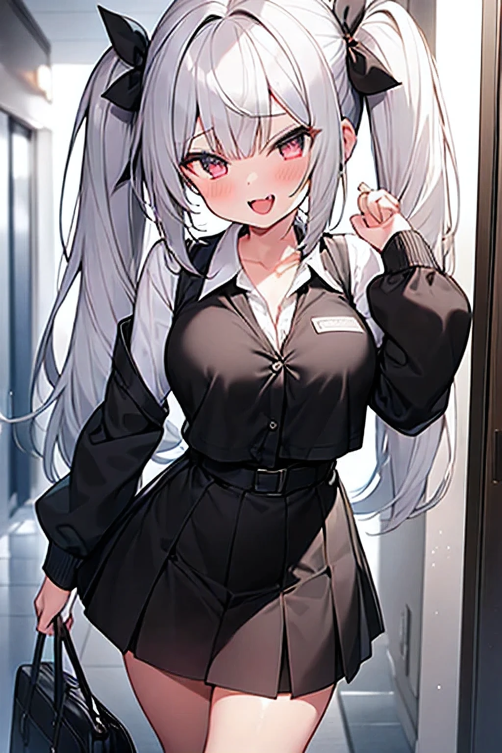 1girl, white and black school uniform, shirt partially unbuttoned, silver Hair, Twintails, Breasts, Fang Out, Excited, Masterpiece, HD, crimson eyes,(school hallway night),Best quality Fang, Evil, Tongue Out,