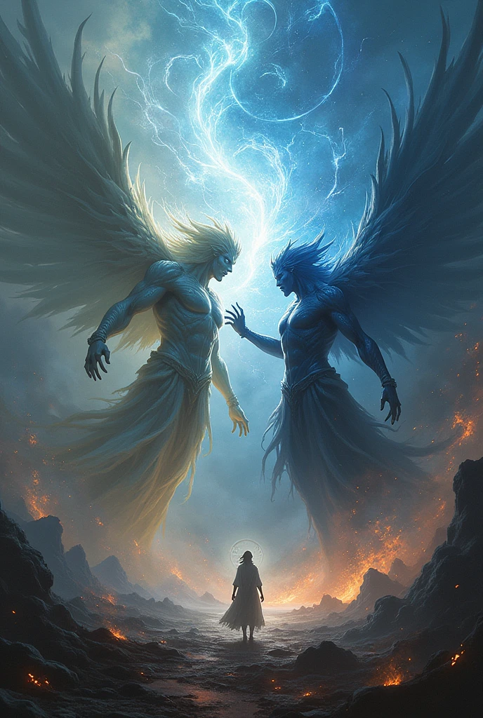 an image between aoki and aetherius in the epic battle between light and darkness in paranormal order