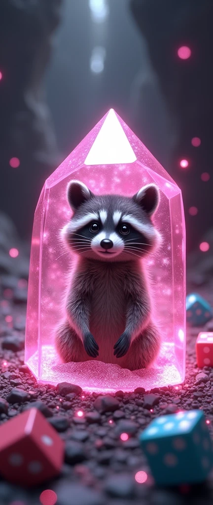 A 3D rendering of a realistic raccoon with extra fluffy fur, sitting inside a large pink crystal. The raccoon has its eyes wide open and its ears are perked up. There's pink glitter inside the crystal, and there are colorful dice floating in the water at the bottom of the crystal. The background is a dark, mysterious cave.