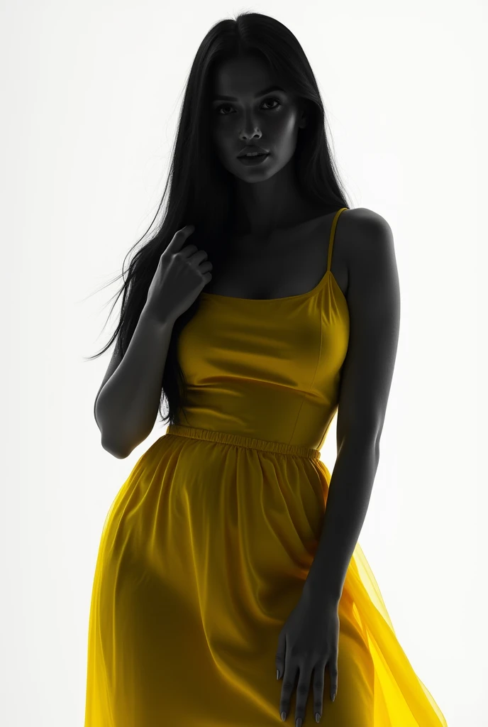 woman, 30 years old, long straight black hair, big bust, yellow dress, black and white silhouette image, looking at the camera, photorealistic