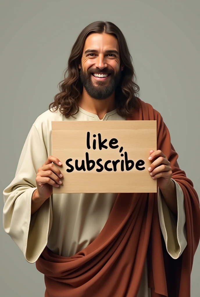 jesus crist standing holding a board. In order to write. like subscribe on front camera angle.jesus is smiling. And this board is his chast on