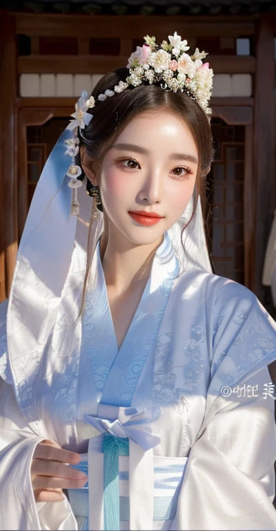 A close-up of a woman wearing a white dress and a flower crown, Hanfu blanco, palace ， A girl in Hanfu, Hanfu, wearing ancient chinese clothing, Xianxia, traditional beauty, inspired by Yun Du-seo, Korean Hanbok, Hanboks, fantasía Xianxia, beautiful south korean woman, inspired by Jin Nong, 8k))