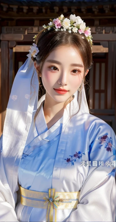 A close-up of a woman wearing a white dress and a flower crown, Hanfu blanco, palace ， A girl in Hanfu, Hanfu, wearing ancient chinese clothing, Xianxia, traditional beauty, inspired by Yun Du-seo, Korean Hanbok, Hanboks, fantasía Xianxia, beautiful south korean woman, inspired by Jin Nong, 8k))