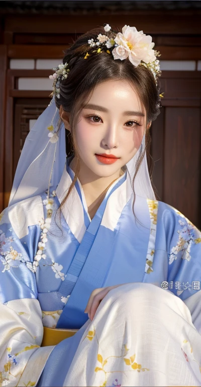 A close-up of a woman wearing a white dress and a flower crown, Hanfu blanco, palace ， A girl in Hanfu, Hanfu, wearing ancient chinese clothing, Xianxia, traditional beauty, inspired by Yun Du-seo, Korean Hanbok, Hanboks, fantasía Xianxia, beautiful south korean woman, inspired by Jin Nong, 8k))