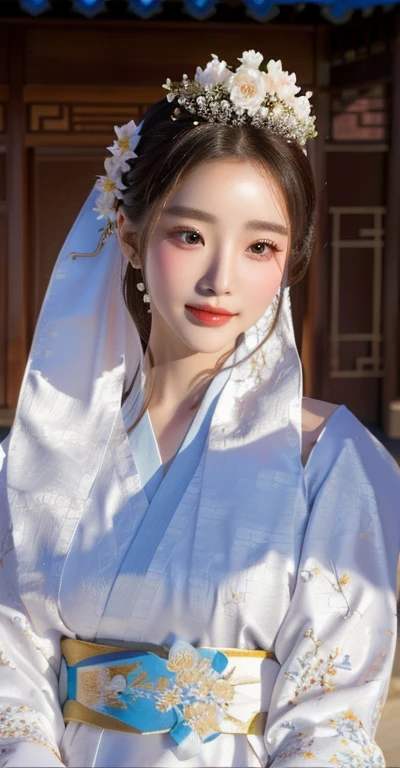 A close-up of a woman wearing a white dress and a flower crown, Hanfu blanco, palace ， A girl in Hanfu, Hanfu, wearing ancient chinese clothing, Xianxia, traditional beauty, inspired by Yun Du-seo, Korean Hanbok, Hanboks, fantasía Xianxia, beautiful south korean woman, inspired by Jin Nong, 8k))