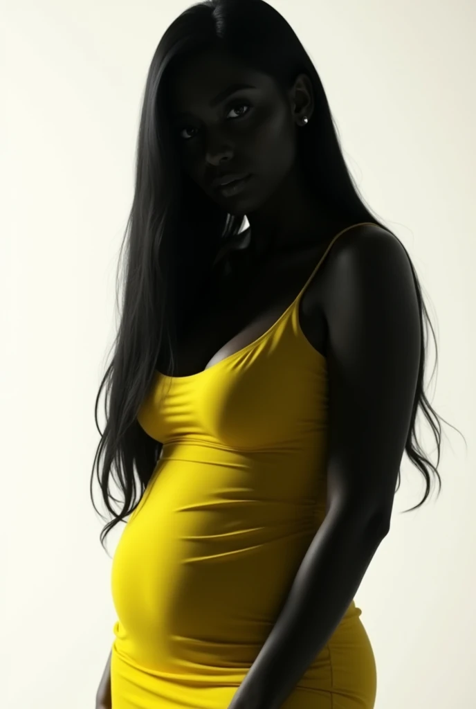 woman, 30 years old, long straight black hair, big bust, yellow dress, black and white silhouette image, looking at the camera, photorealistic