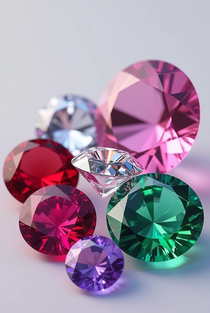 I want an image where you can see a pink spinel, a diamond, a ruby, an emerald and a purple amethyst