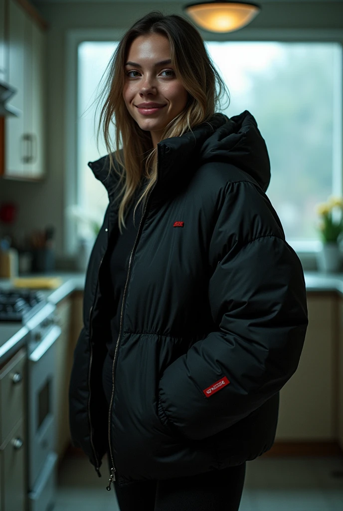 A Sweaty 21yo, WHITE CAUCASIAN WOMAN SMILING, WEARING COLLEGE UNIFORM, BLACK PUFFER JACKET, BLACK SHINY TRAINERS, MODELLING, IN KITCHEN, photorealistic, full shot, intricate, very coherent, futuristic, summer,  ,(cyberpunk:1.2), cinematic film still, lights, noir, ultramodern, dystopian, (sleek), cybernetic, Gustav Klimt, (Lillian Bassman, Erwin Blumenfeld), Katsuhiro Otomo