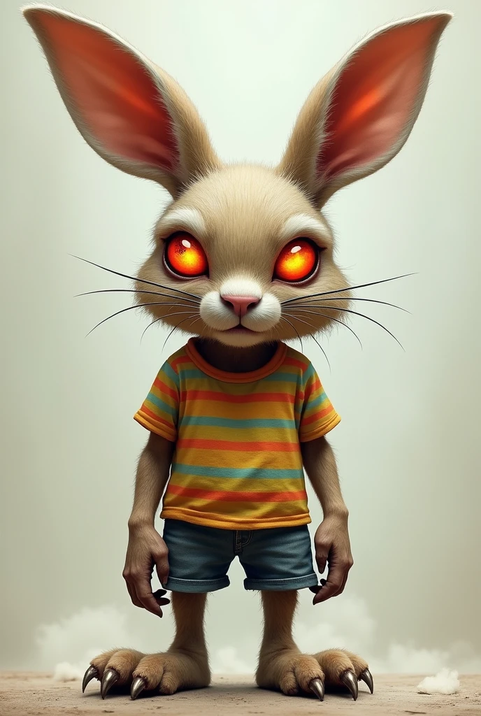 rabbit head with a giant bow body of a person wearing a striped t-shirt with dog paws and devil eyes