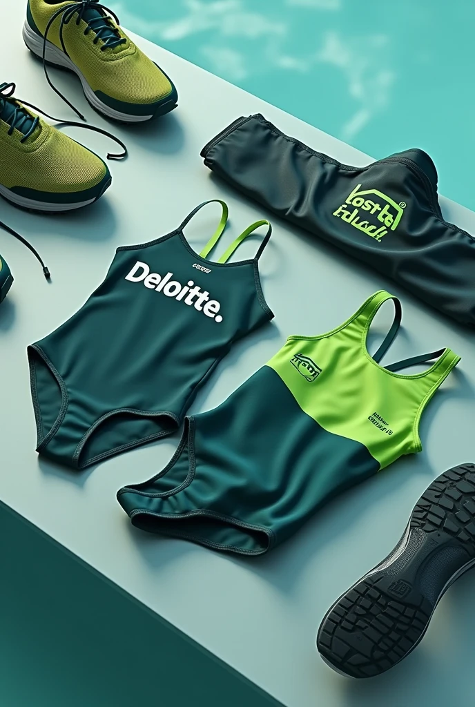 Generate A Picture Of a full swimming kit on a table With "deloitte " on the swimsuit,  i want the full-stop after "deloitte" on the swimsuit to have a green color very essential