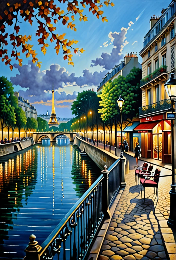 A poetic picture of Paris, France with the 1960's romantic style in the end of Summer where leaves begin to fall, oil on canvas painting, photo realistic, insanely detailed and intricate city scene, volumetric lighting, with a couple sitting by the Seine river, including reflections of the city lights on the water, and capturing the intricate ironwork of balconies and railings