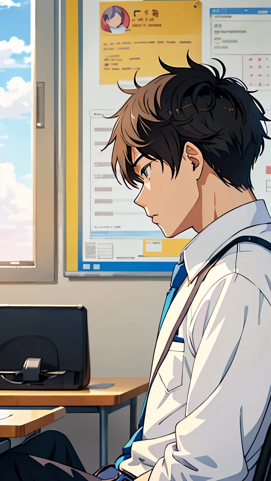 high quality, One high school boy, Anime characters sitting on chairs in classroom, Handsome anime pose, profile, He is lost in thought, looking slightly upwards., Sad expression, Digital anime illustration,  Anime art style, Anime Moe Art Style, uniform, Smooth anime CG art, Anime Style, 