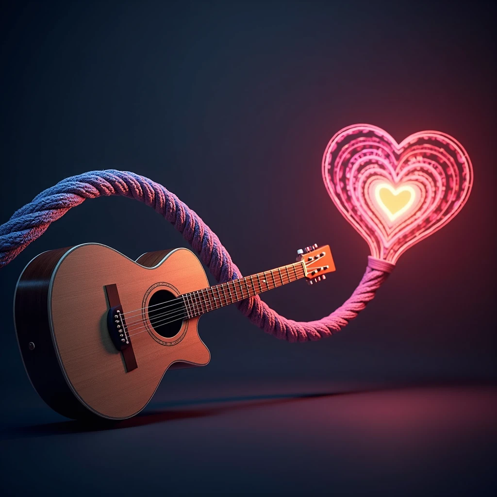 generates an image of a guitar on one side, colorful connected to a cable and this cable connected to a heart.