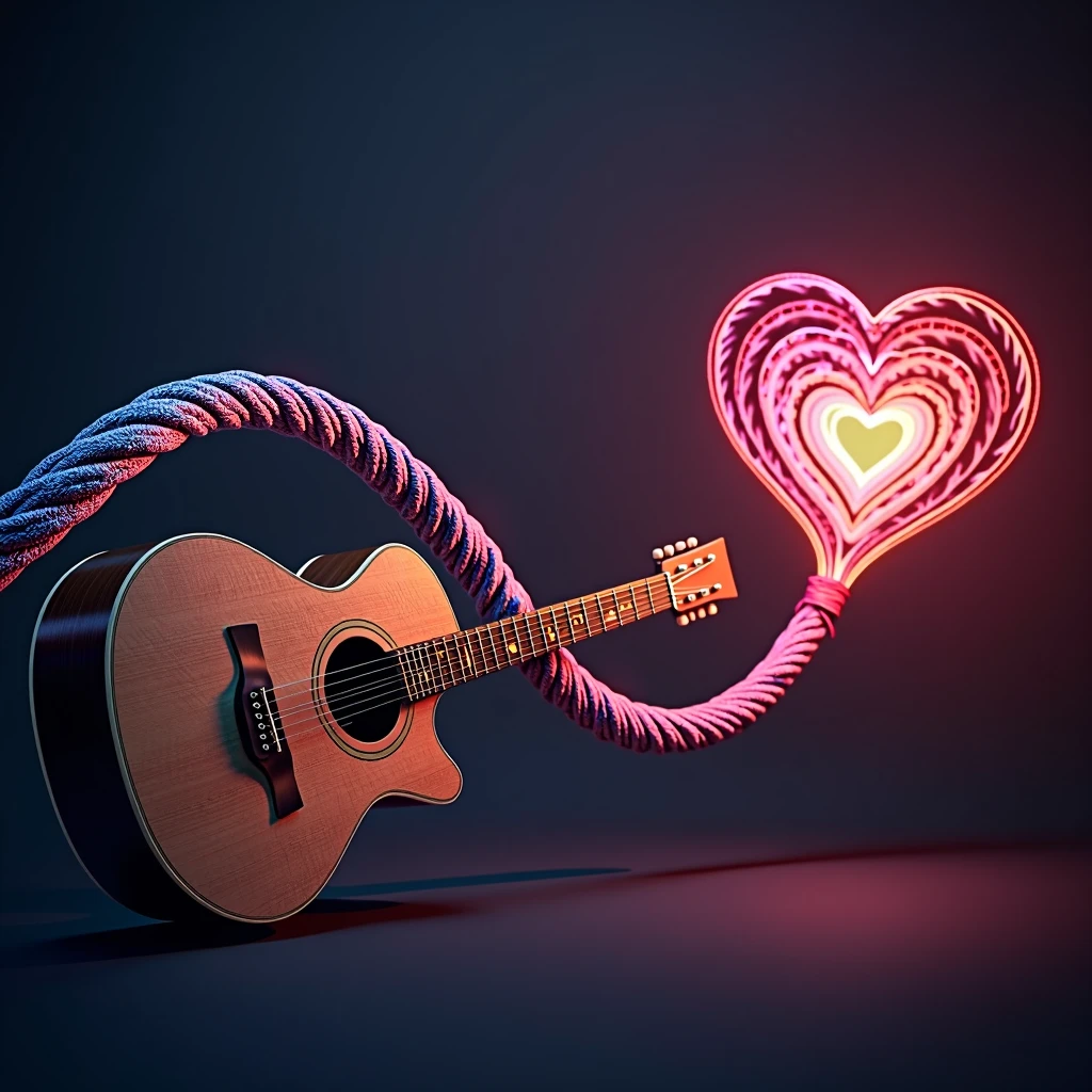 generates an image of a guitar on one side, colorful connected to a cable and this cable connected to a heart.