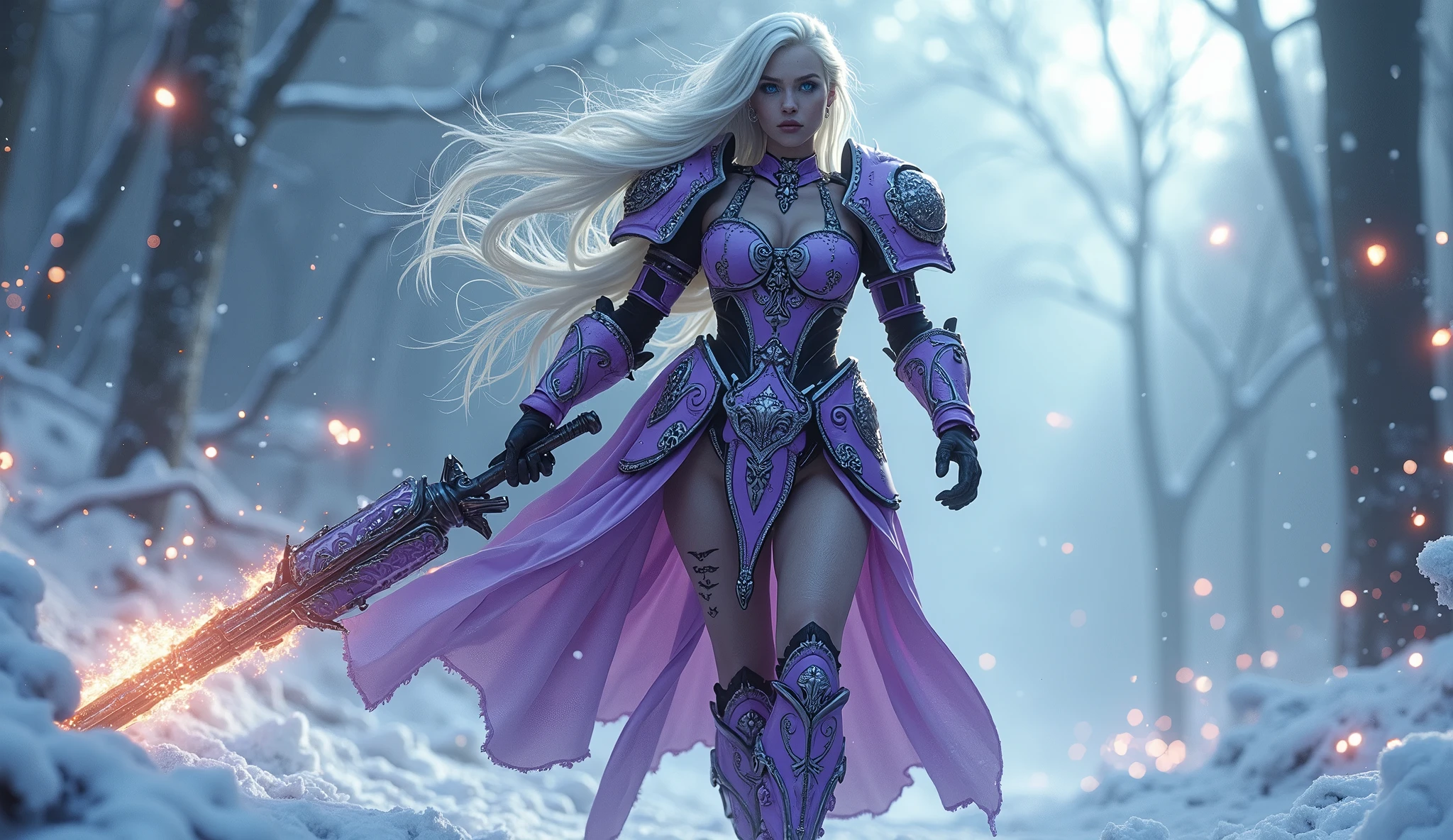 a beautiful woman with long platinum blonde hair, porcelain skin, ice blue eyes, sexy sisters of battle from the warhammer 40k, shooting at the enemy, purple space marine armor with intricate details, long flowing cloak, religous symbols on the armor, sisters of battle, warhammer 40k, Massive silicone breast, pale skin, seductive, temptation, eat your soul, clevage, , standing in a magical winter wonderland with snow-covered trees and frozen lakes, intricate ice crystals and snowflakes surrounding her, (best quality,4k,8k,highres,masterpiece:1.2),ultra-detailed,(realistic,photorealistic,photo-realistic:1.37),fantasy,digital art,cinematic lighting, highly detailed armor, intricate futuristic weaponry, gritty and realistic, mecha, science fiction, hyper-detailed, photorealistic, award winning digital art, 8k, HDR, masters work, in the middle of a battle field, full body combat action pose, explosions and fire around, full war, charging, running forward, attacking, stunning, Stilleto heels, high heels, full body pose, cinematic, dust and debree, combat screams, attacking, shooting at the enemy, sisters of battle, warhammer 40kdramatic color palette,frozen landscape,ice powers,snow queen