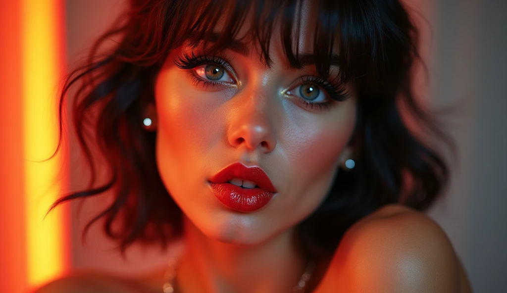 Generate a close-up portrait of a striking woman with full, glossy lips slightly puckered in a playful, flirtatious manner. Her eyes are wide and sparkling with a mischievous glint. Her head is tilted downwards, creating a captivating, coy pose. The background should be vibrant, with bold colors that match her playful expression."