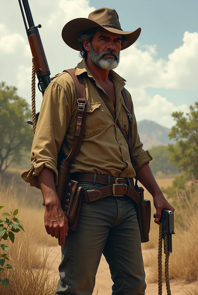 A man in clothes and a cowboy hat from the time of the sugar mill owners, little beard, a rope in the style of a noose hanging from the waist on the left side, with a shotgun on his back, an old pistol in his right hand, a knife on the right side of the waist, This man has to be a strong man but not muscular and in the northeastern backlands in the caatinga.