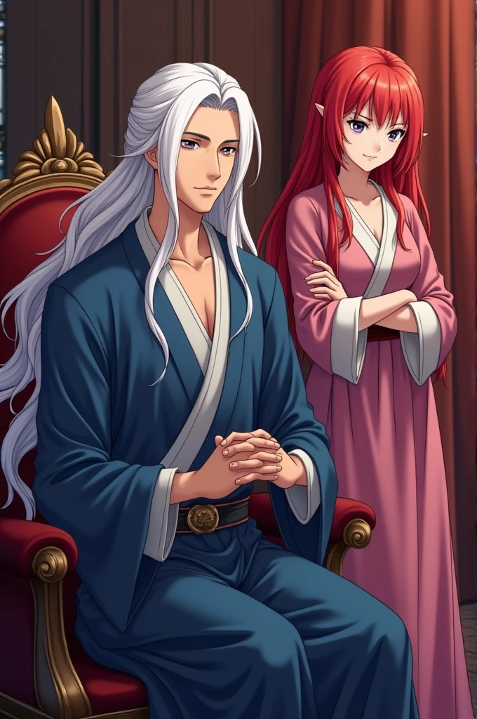A royal setting background, a handsome male anime character with long white hair dressed in blue robes sitting, folding his legs and an anime female character with cherry red hair standing a little closer to him him dressed in historical fiction robes and folding her arms in akimbo
((Historical Fantasy Romance/Modern world))
((Young Adult))
((Paranormal Romance))
((Royal Court Fantasy))