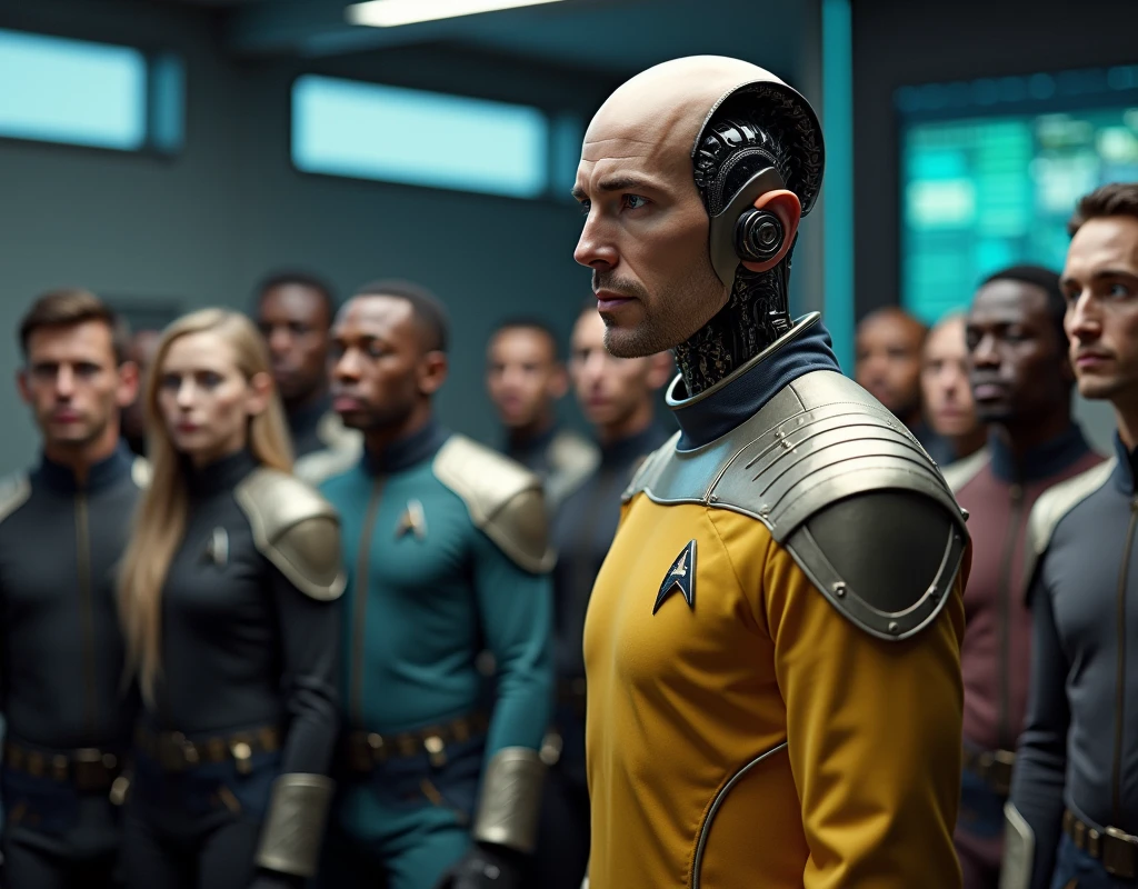 An android officer, Lt. Commander, is present, wearing his gold Starfleet uniform, teaching about warp technology inside Starfleet Academy, with a focused expression, His eyes show curiosity and fascination. Starfleet Academy, cadets from different alien races stand nearby, with a focused expression, cadets are wearing their cadets uniform and has a serene, contemplative expression, Background: holographic model of warp coil on space ship and A sleek, high-tech class room on Starfleet Academy. Medium Shot, 8k, Intricate details, Shallow depth of field, sharp focus, Cinematic Lighting, Deep Focus, f/22, Cinematic film still, shot on Sony a7R V, film grain, color graded, post-processed, cinematic lighting, Sony FE 35mm, best quality, photorealistic
