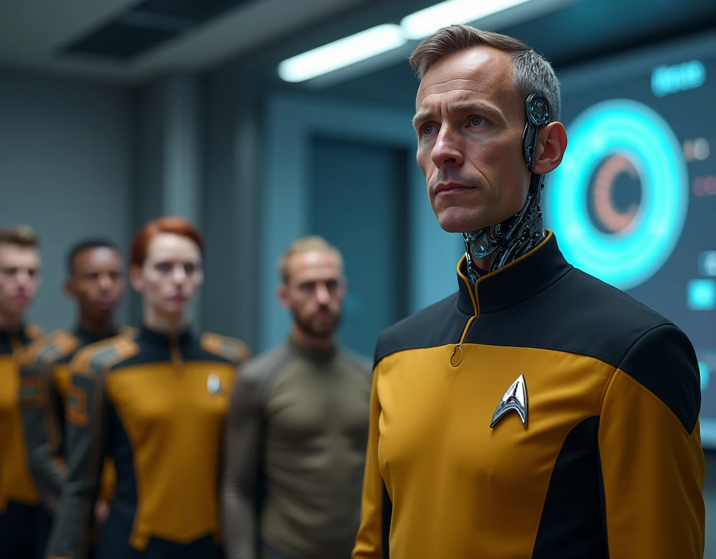 An android officer, Lt. Commander, is present, wearing his gold Starfleet uniform, teaching about warp technology inside Starfleet Academy, with a focused expression, His eyes show curiosity and fascination. Starfleet Academy, cadets from different alien races stand nearby, with a focused expression, cadets are wearing their cadets uniform and has a serene, contemplative expression, Background: holographic model of warp coil on space ship and A sleek, high-tech class room on Starfleet Academy. Medium Shot, 8k, Intricate details, Shallow depth of field, sharp focus, Cinematic Lighting, Deep Focus, f/22, Cinematic film still, shot on Sony a7R V, film grain, color graded, post-processed, cinematic lighting, Sony FE 35mm, best quality, photorealistic