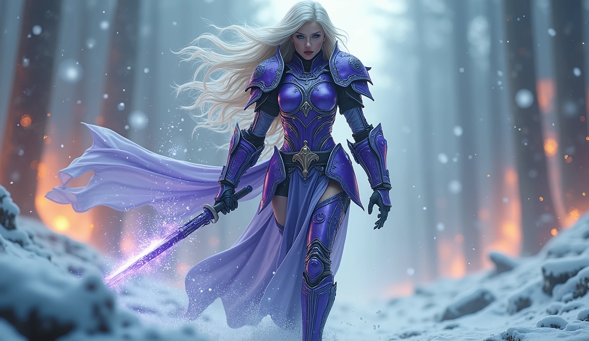 a beautiful woman with long platinum blonde hair, porcelain skin, ice blue eyes, sexy sisters of battle from the warhammer 40k, shooting at the enemy, purple space marine armor with intricate details, long flowing cloak, religous symbols on the armor, sisters of battle, warhammer 40k, Massive silicone breast, pale skin, seductive, temptation, eat your soul, clevage, , standing in a magical winter wonderland with snow-covered trees and frozen lakes, intricate ice crystals and snowflakes surrounding her, (best quality,4k,8k,highres,masterpiece:1.2),ultra-detailed,(realistic,photorealistic,photo-realistic:1.37),fantasy,digital art,cinematic lighting, highly detailed armor, intricate futuristic weaponry, gritty and realistic, mecha, science fiction, hyper-detailed, photorealistic, award winning digital art, 8k, HDR, masters work, in the middle of a battle field, full body combat action pose, explosions and fire around, full war, charging, running forward, attacking, stunning, Stilleto heels, high heels, full body pose, cinematic, dust and debree, combat screams, attacking, shooting at the enemy, sisters of battle, warhammer 40kdramatic color palette,frozen landscape,ice powers,snow queen