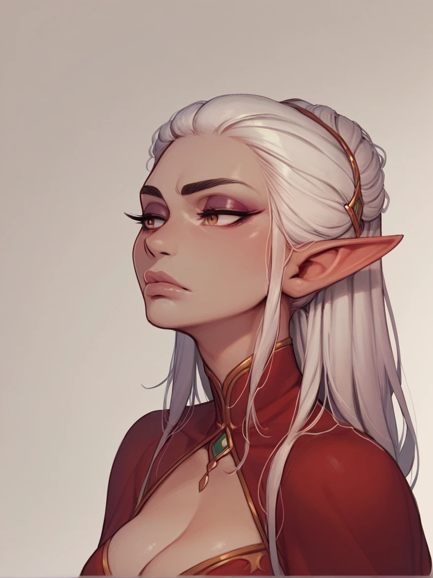 score_9, score_8_up,score_7_up, score_6_up, score_5_up, score_4_up, woman, best quality, highres, portrait, solo, beautiful, makeup, soft lips, Missandei (serious), large cleavage, beautiful dress, (((simple background))), thin elf ears,