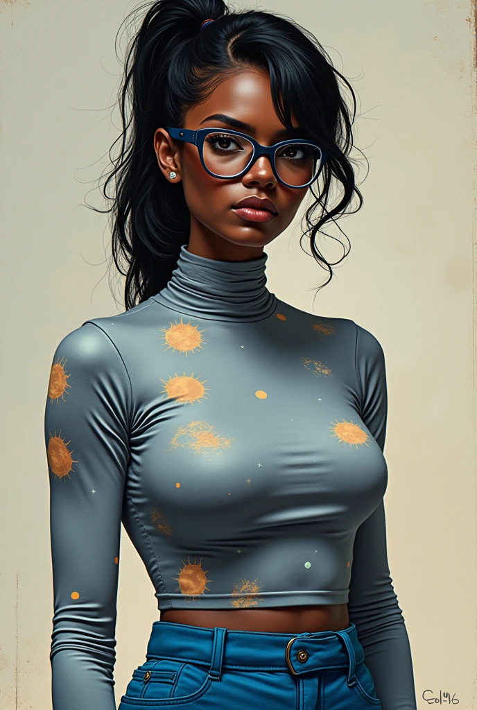 1girl dark skin, big breasts, wears thick-framed glasses that highlight her facial features, with short hair, ponytail and gray, silver shirt, Underneath the shirt she wears another tight shirt, with details in vibrant colors reminiscent of the stars and planets of outer space, and a blue skirt high-top boots with non-slip soles,