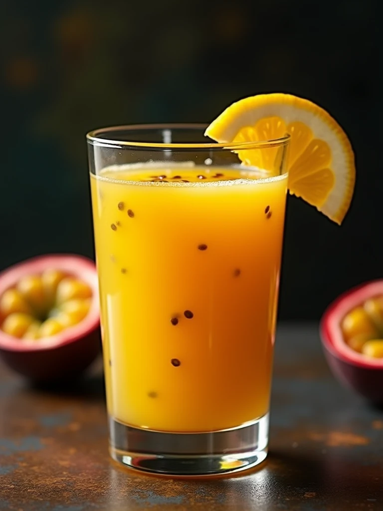 closer on the passion fruit juice glass on the table , in the background with black blur