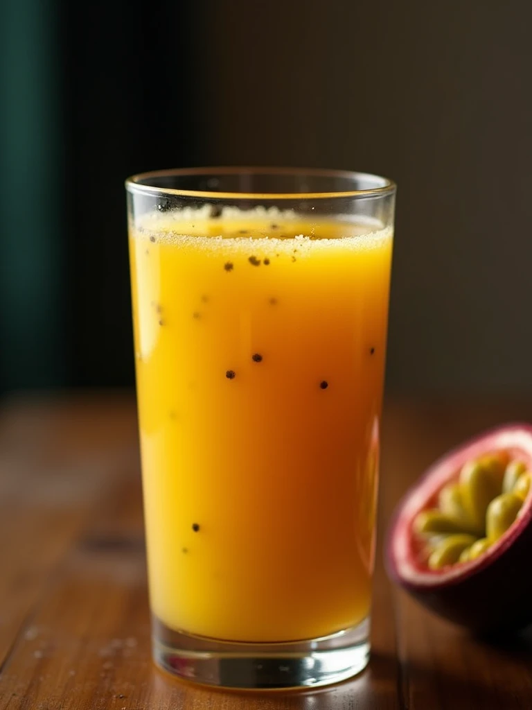 closer on the passion fruit juice glass on the table , in the background with black blur