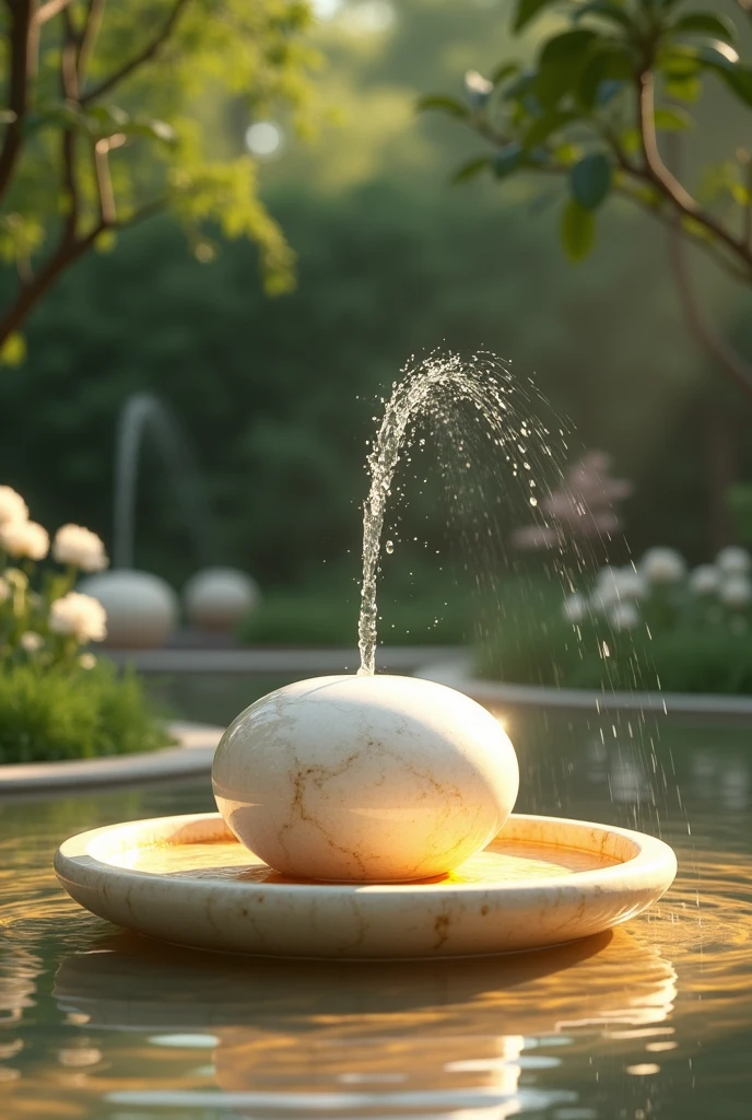 A marble round shape in a garden a golden water in it round shape a little shower in it from which water goes up fast