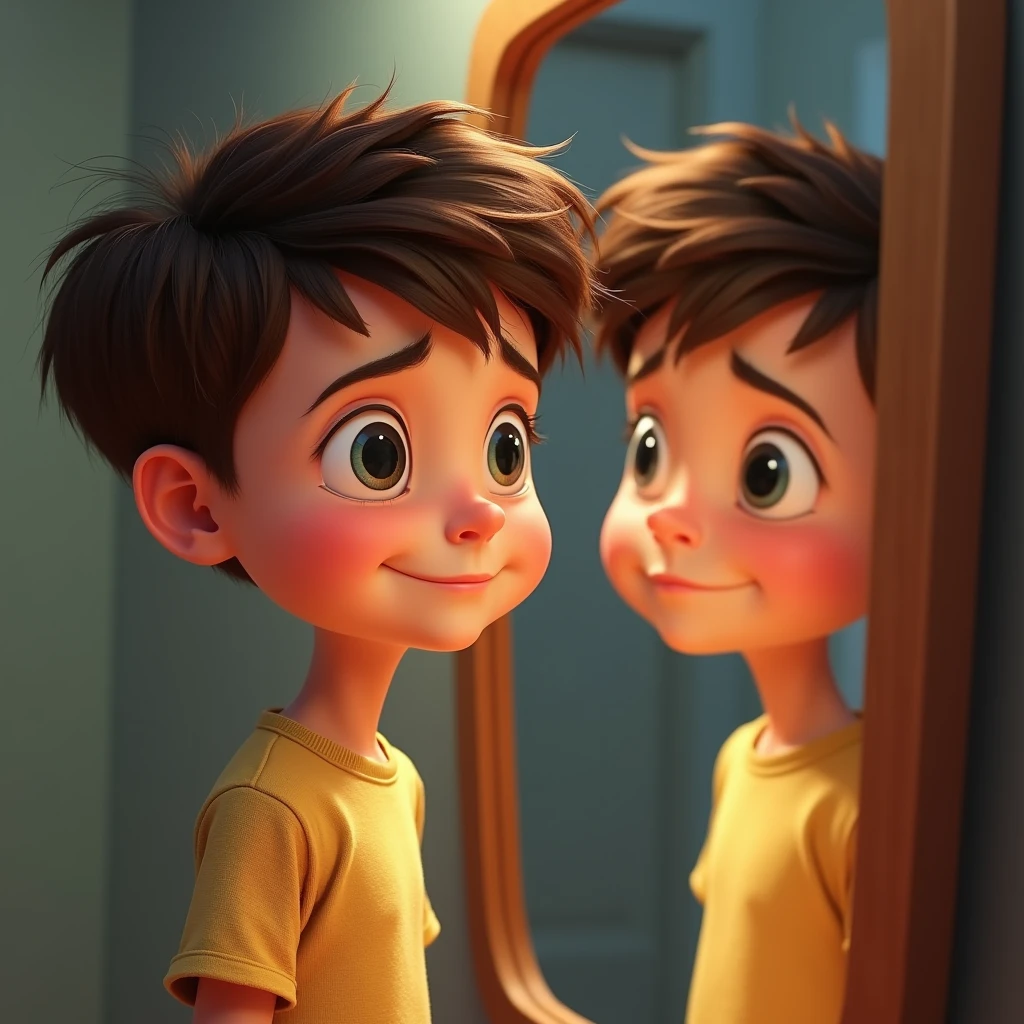 Image type: Pixar cartoon of a boy, short brown hair, big cage eyes, Expression of a happy and friendly child. The boy is standing in front of a mirror with a sad face and sees his reflection very thin and weak.
