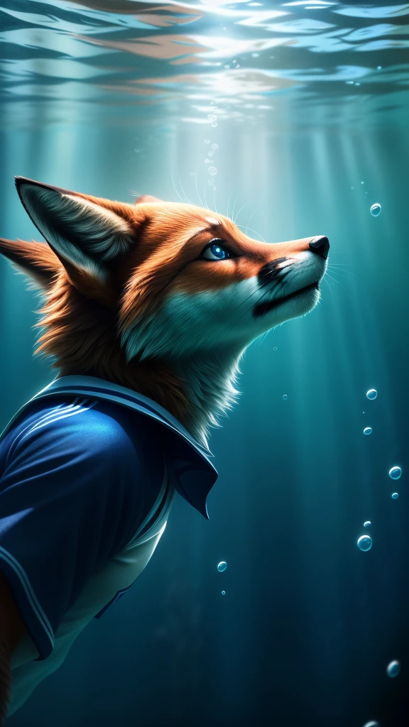 a female anthropomorphic fox,1girl,beautiful detailed and expressive eyes,detailed fur,detailed furry body,beautiful eyes,school sports uniform,drowning underwater,looking up with an expression of anguish and drowning on her face,clutching her chest with her hands,full body,side face view,underwater scene,underwater peril,realistic water effects,depth of field,(best quality,4k,8k,highres,masterpiece:1.2),ultra-detailed,(realistic,photorealistic,photo-realistic:1.37),realistic,photorealistic,highly detailed,detailed facial features,lifelike,dramatic underwater lighting,volumetric fog,beautiful blue tones,cinematic composition