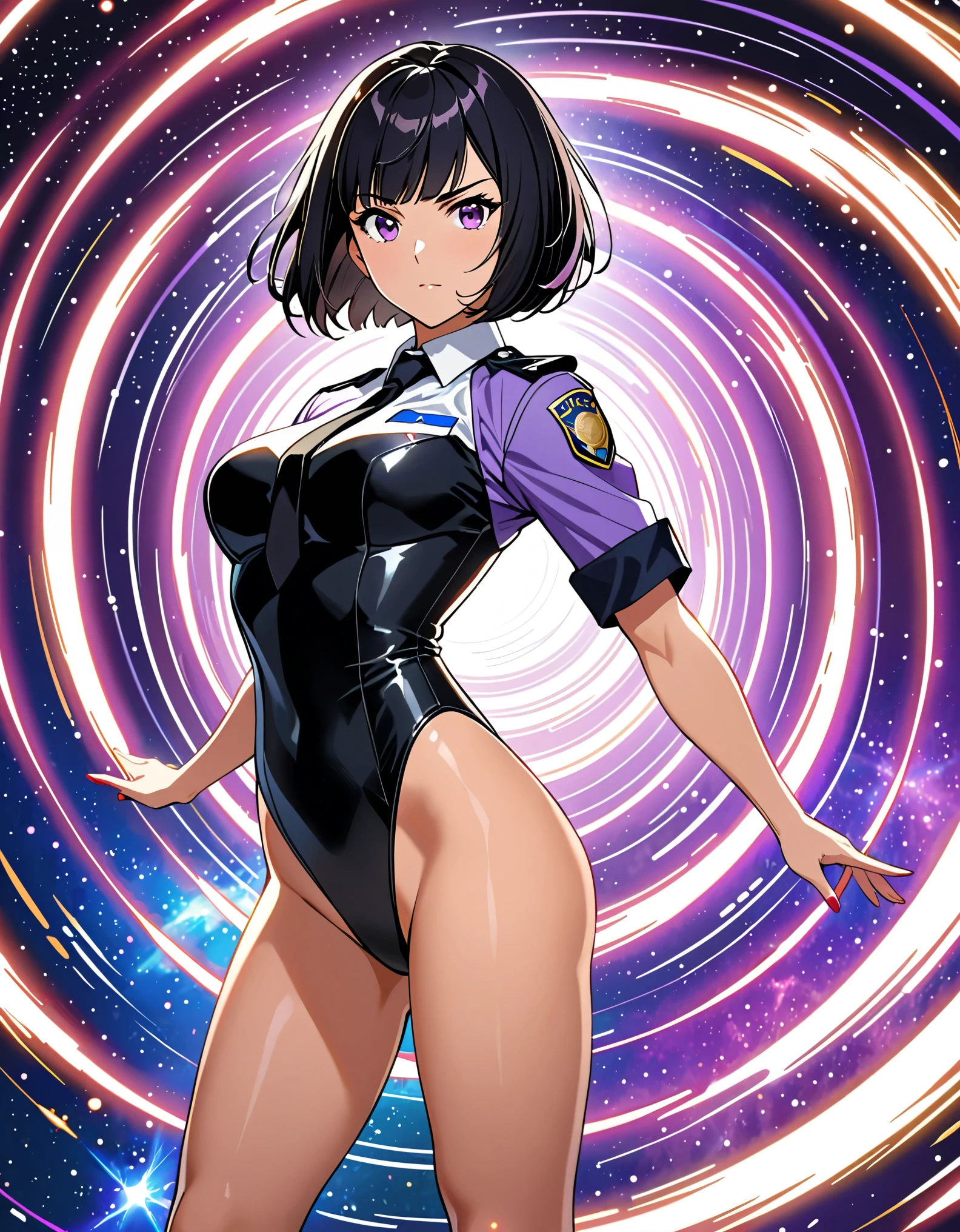 (masterpiece), (best quality), (high res), medium breasts, ((jet black hair, short hair, bob hair, purple eyes, bangs)), japanese police uniform, ((white shirt, black tie)), ((leotard, white and red leotard, matching leotard, bare legs)), matching shoes, badge, solo, solo focus, standing, (full body), cowboy shot, superhero, ((beautiful detailed eyes)), standing straight, full body shot, cowboy shot, superhero, mature lady, (perfect anatomy), fix hands. spread arms, (spinning), (she spins) fast in place like a (tornado), spinning in place, tornado spinning, rapid gyration, (dynamic spin pose), space backdrop, motion blur, speed lines around her, spiral lines around her, tornado, time warp, (spinning energy pulse around her), light particles, serious.