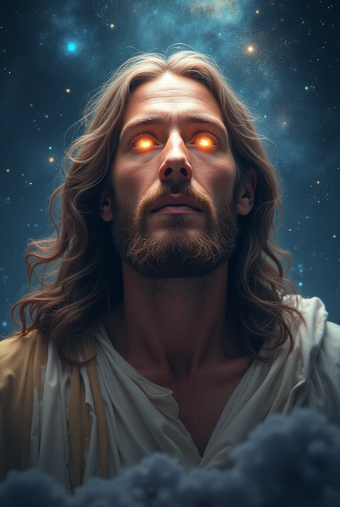 Jesus with shining eyes, mixed with a starry sky