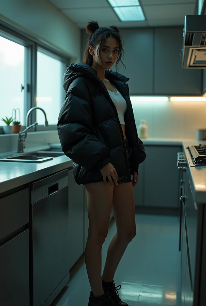 A Sweaty 21yo, WHITE CAUCASIAN WOMAN SMILING, WEARING COLLEGE UNIFORM, BLACK PUFFER JACKET, BLACK SHINY TRAINERS, MODELLING, IN KITCHEN, photorealistic, full shot, intricate, very coherent, futuristic, summer, ,(cyberpunk:1.2), cinematic film still, lights, noir, ultramodern, dystopian, (sleek), cybernetic, Gustav Klimt, (Lillian Bassman, Erwin Blumenfeld), Katsuhiro Otomo
