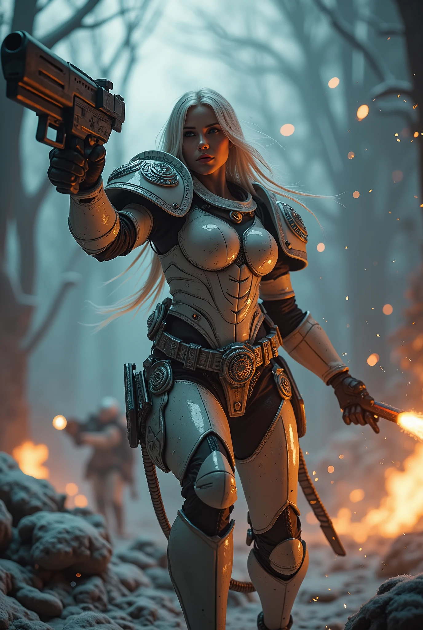 a beautiful woman with long platinum blonde hair, porcelain skin, ice blue eyes, sexy sisters of battle from the warhammer 40k, shooting at the enemy, frosty white and light blue space marine armor with intricate details, religous symbols on the armor, sisters of battle, warhammer 40k, Massive silicone breast, pale skin, seductive, temptation, eat your soul, clevage, , standing in a magical winter wonderland with snow-covered trees and frozen lakes, intricate ice crystals and snowflakes surrounding her, (best quality,4k,8k,highres,masterpiece:1.2),ultra-detailed,(realistic,photorealistic,photo-realistic:1.37),fantasy,digital art,cinematic lighting, highly detailed armor, intricate futuristic weaponry, gritty and realistic, mecha, science fiction, hyper-detailed, photorealistic, award winning digital art, 8k, HDR, masters work, in the middle of a battle field, full body combat action pose, explosions and fire around, full war, charging, running forward, attacking, stunning, Stilleto heels, high heels, full body pose, cinematic, dust and debree, combat screams, attacking, shooting at the enemy, sisters of battle, warhammer 40kdramatic color palette,frozen landscape,ice powers,snow queen