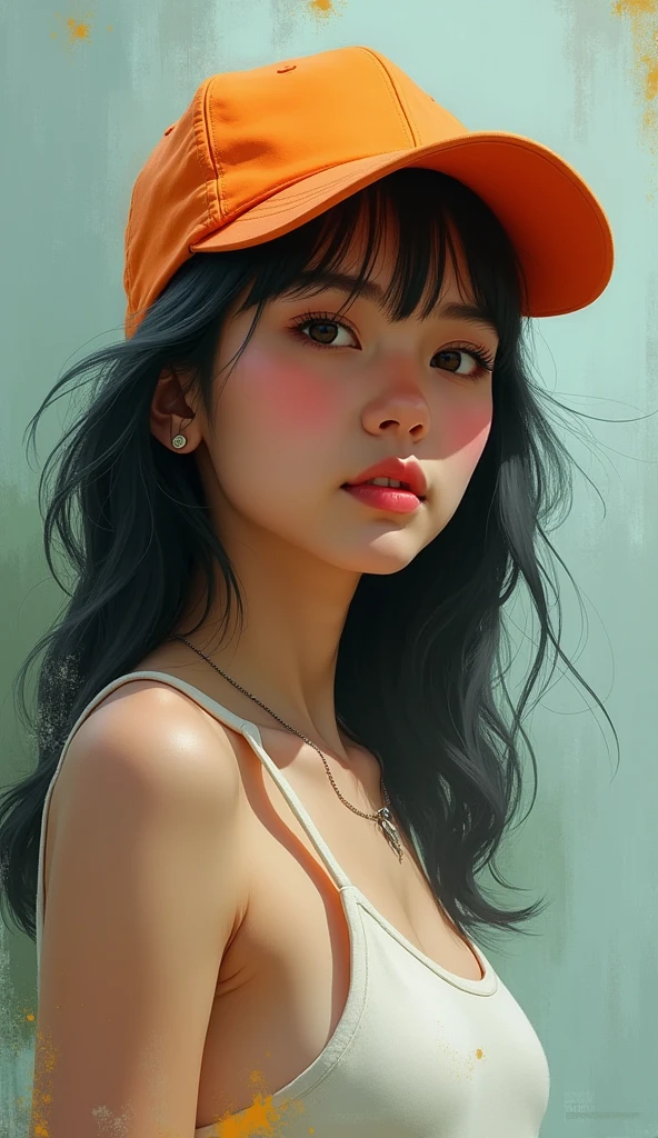 "Portrait Of A Young Woman In An Orange Cap And Tank Top, Textured Painting Style, Abstract Style With Pale Blue And Green Background, Realistic Facial Expressions And Shadows.""