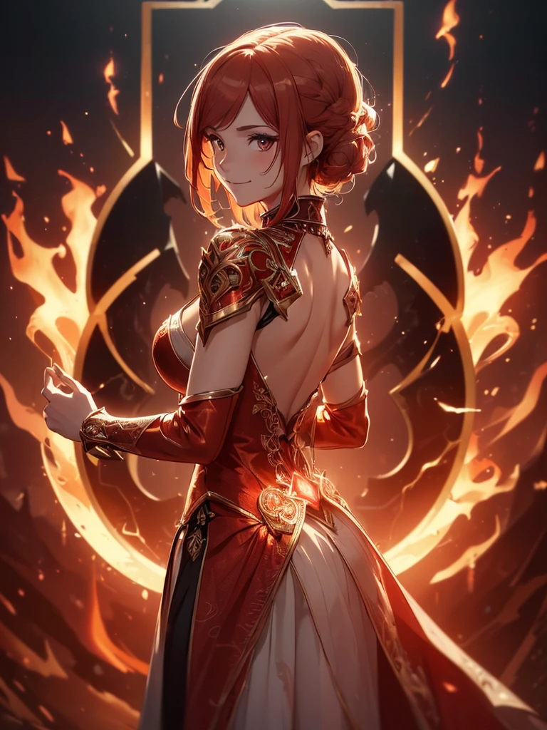 (((best quality, sharp image, clear image, cinematic lighting, 8k resolution, masterpiece, ultra detailed, intricate))) Girl, sorcerer, cute, intricate dress, smiling, fiery red, ((intricate background)), (rune frame), dimension, ((shot from behind)), fire sigils, chaotic background.