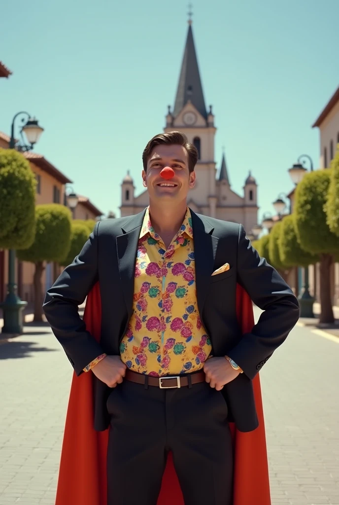 A person standing in a superman position with a suit and opening his jacket and shirt showing a colorful polo shirt between the buttons when he takes off the suit but with a clown nose, Superman style, happy in realism that is in an American style film-like panoramic shot with the church in the Plaza de Armas of Cajamarca, Peru in the background.