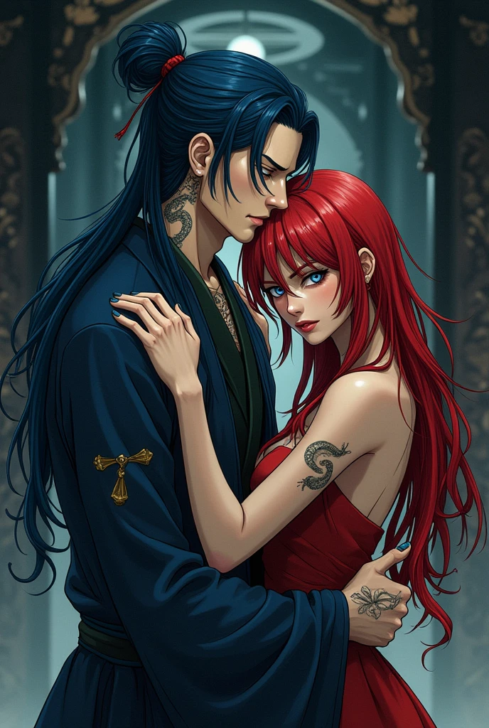 A man, with the drawing style of ONE PIECE, that has long dark blue hair, elegant hairstyle, black chinese culture clothing style and gray eyes. And with a tattoo of a snake on the neck. And a woman with long red hair,white eyes. The man is hugging her from behind. The woman is in a bad mood