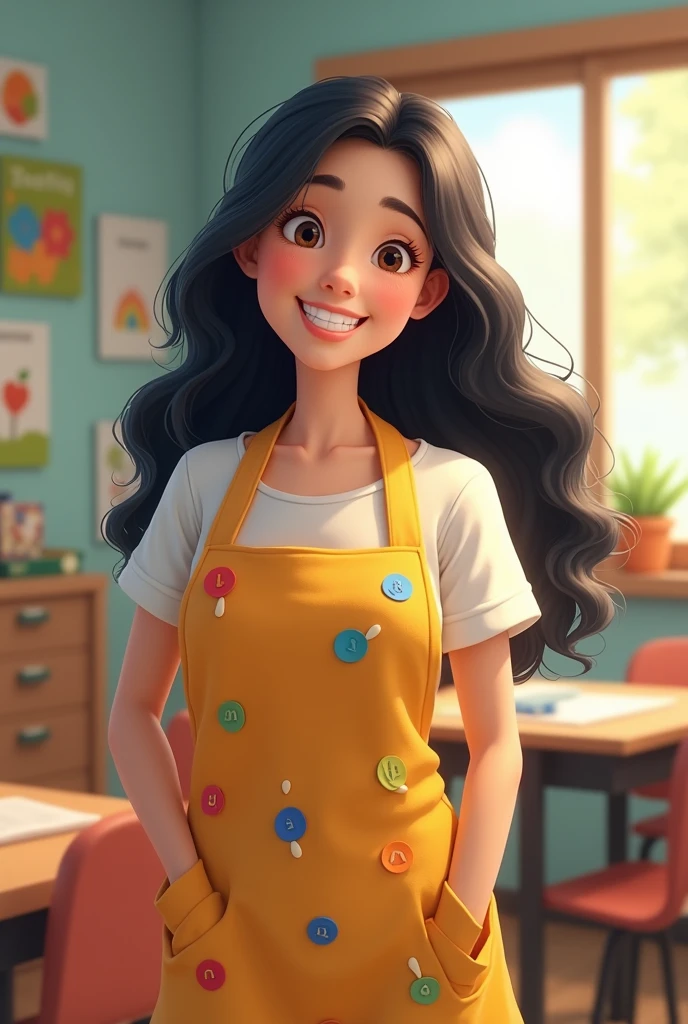 Dark-haired kindergarten teacher with her apron