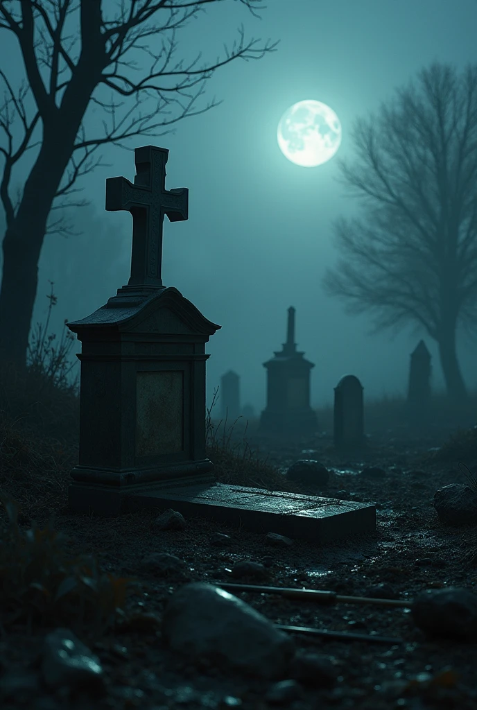 The picture shows a gloomy scene in an abandoned cemetery at night. An open, empty gravestone lies on its side, surrounded by turbulent, muddy ground. Shovels and other tools lie scattered on the ground. The glow of a faint moon illuminates the scenery and enhances the eerie atmosphere. The sky is overcast, and thick clouds of fog creep over the cemetery, while the eerie silence was interrupted by the occasional rustling of leaves