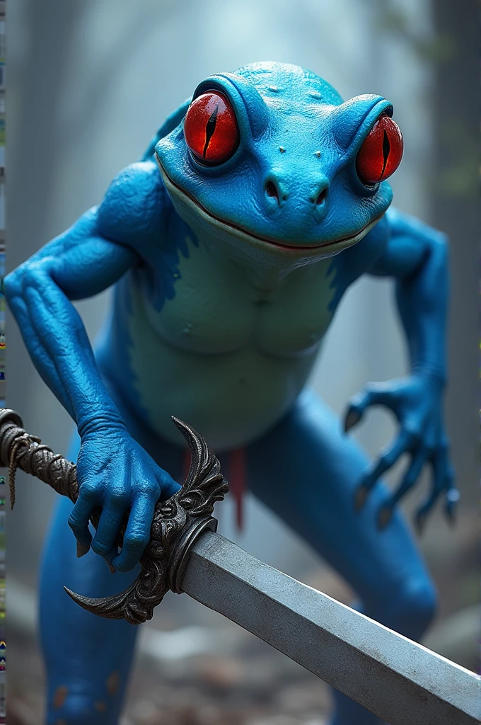 Blue Frog Man With Red Eyes With Sword