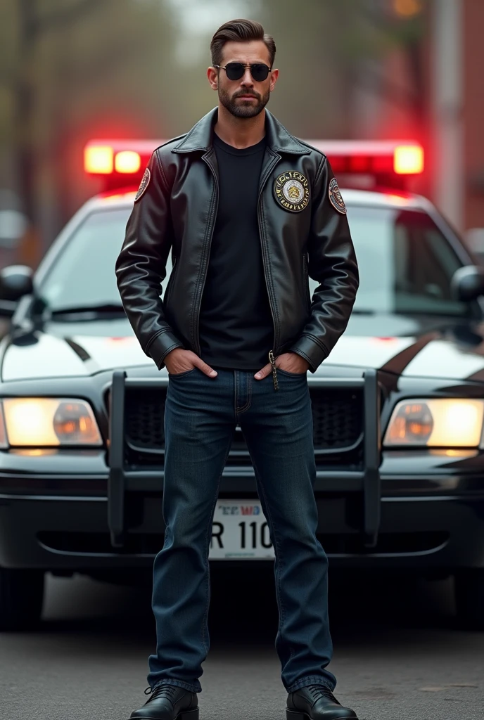 A man with brown hair and bread, standing in front of police car. He wears lether jacket with mark of police, black shirt, jeans and black shoes. He also is wearing sunglasses as accessory.