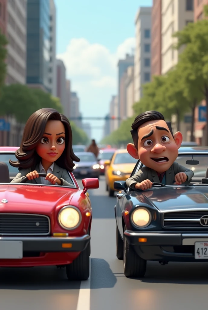 3d cartoon vice president kamala harris in car driving
man is stuck in traffic
man is sweating profusely
man looks in pain