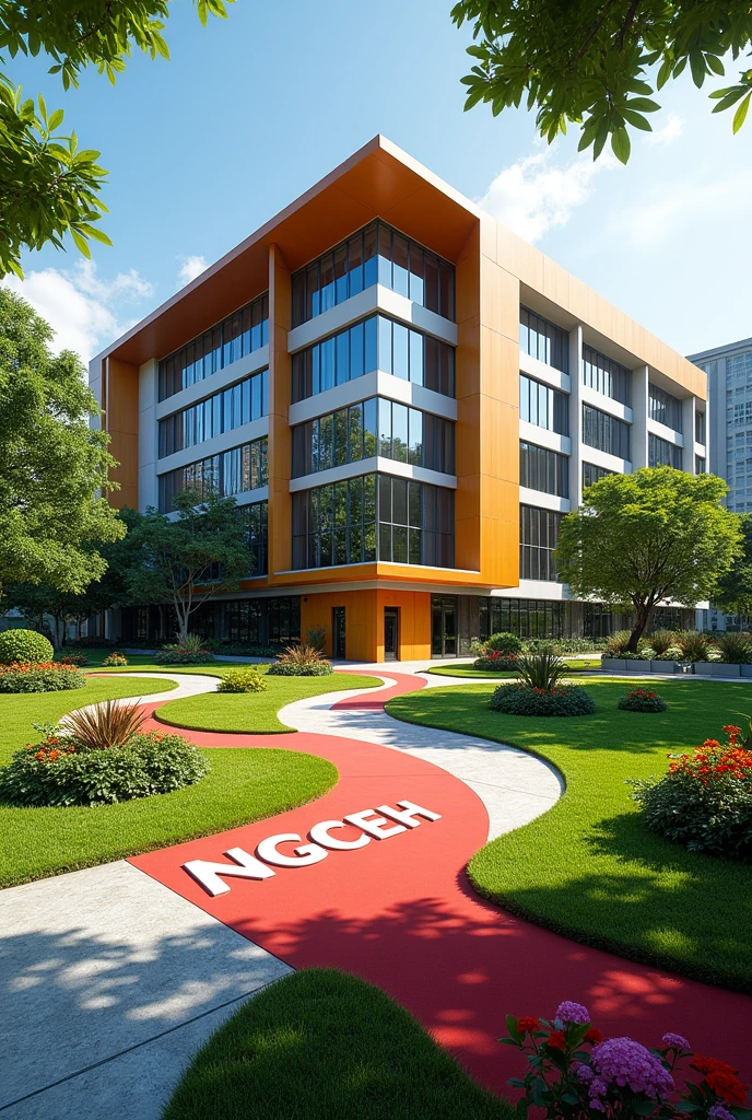 A company headquarters with Singaporean architecture, any colour large, Grass and flowers altogether with a driveway on the compound ,red carpet at the entrance,NGCEH written on the concrete built on the grass in the compound