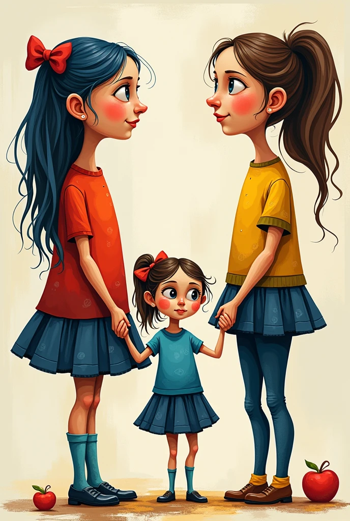 Three little sisters holding hands, from largest to smallest, Picasso style